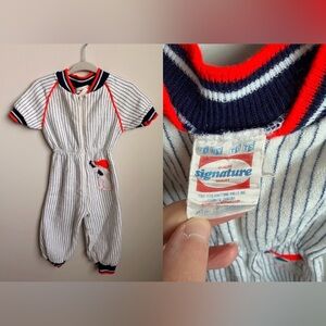 Tiny Tots Navy and Red Striped Baseball Romper